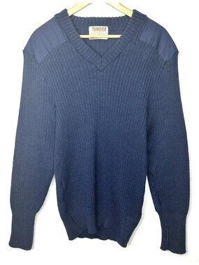 Vintage Tundra Wool Commando Sweater Men XL Blue V Neck Military Shoulder Patch